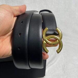 CHANEL Black Leather Belt with Gold Buckle